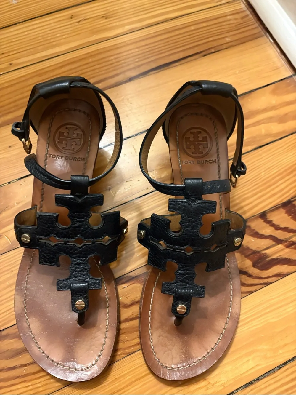 Tory Burch Black Leather Logo Cutout T-Strap Wedge Sandals